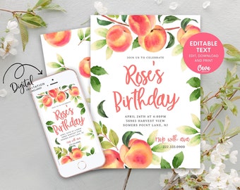 Peach First Birthday Invitation, Little Peach Birthday, Summer Peach Birthday Invite, Sweet Peach Party Printable Template Invite 0337