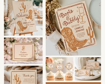 Boots and Bubbly Bridal Shower Bundle, Cowgirl Bridal Shower Invitation Set, Western Bachelorette Invite, Boots Theme Party Templates 0280