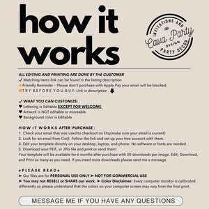 May include: A beige graphic with the words "how it works" in large black letters. The text explains the customization process, including editable lettering, and the steps after purchase. A circular logo reads "Invitations and Cava Party Design Party Decor."