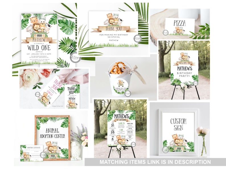 May include: Printable party decorations for a wild one themed birthday party. The set includes a welcome sign, a thank you card, a pizza sign, a birthday invitation, and a sign for an animal adoption center. The decorations feature a cartoon safari animal theme with a jeep and jungle leaves.