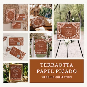 Papel Picado Wedding Invitation, Terracotta Mexican Wedding Invitation Suite, Rustic Mexican Wedding Invite, Talavera Wedding Bundle 0415
