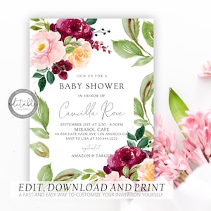 Burgundy Floral Baby Shower Invitation Template, Printable Girl Baby Shower Invitation, Printable Editable Invitation, BS 257
