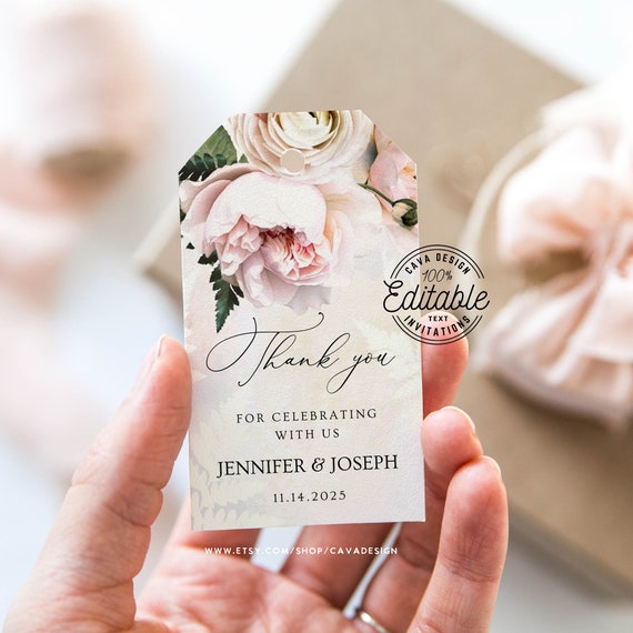 blush flower wedding favor tags template printable garden etsy