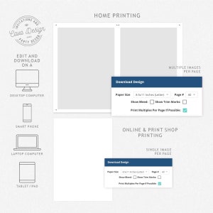 May include: A graphic showing the different ways to edit and download a design. The options include desktop computer, smart phone, laptop computer, and tablet/ipad. The graphic also shows the different printing options available, including home printing and online & print shop printing. The options for home printing include 8.5x11 inches (letter) paper size, show bleed, show trim marks, and print multiples per page if possible. The options for online & print shop printing include 8.5x11 inches (letter) paper size, show bleed, show trim marks, and print multiples per page if possible.