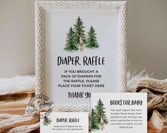 Puede incluir: Un marco blanco con un cartel que dice "Diaper Raffle" con un ciervo y pinos. El cartel dice "Si trajiste un paquete de pañales para la rifa, por favor coloca tu boleto aquí. Gracias." Hay un cartel más pequeño que dice "Diaper Raffle" y otro cartel que dice "Books for Baby".