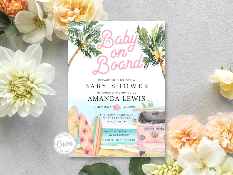 Editable Baby on Board Invitation, Girl Beach Baby Shower Invitation, Summer Baby Shower, Invitation Template, Download BSG_0293 image 1