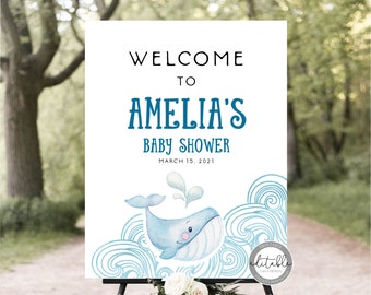 Whale Baby Shower Welcome Sign, Baby Shower Welcome Poster, Under the Sea Themed Baby Shower Welcome Sign, Welcome EDITABLE Template 0278