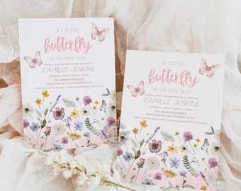 Butterfly Wildflower Girl Baby Shower Invitation, Pink Butterfly Girl Baby Shower Invite, A Little Butterfly Baby Shower, 0261