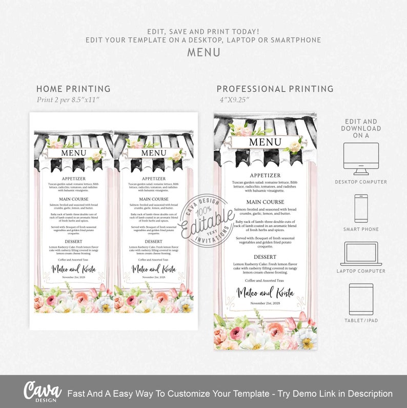 May include: Editable wedding menu template with a pink and white floral design. The menu features a black and white striped awning with the word "MENU" in white text. The menu includes appetizers, main course, dessert, and the names "Mateo and Krista" with the date "November 2nd, 2020".