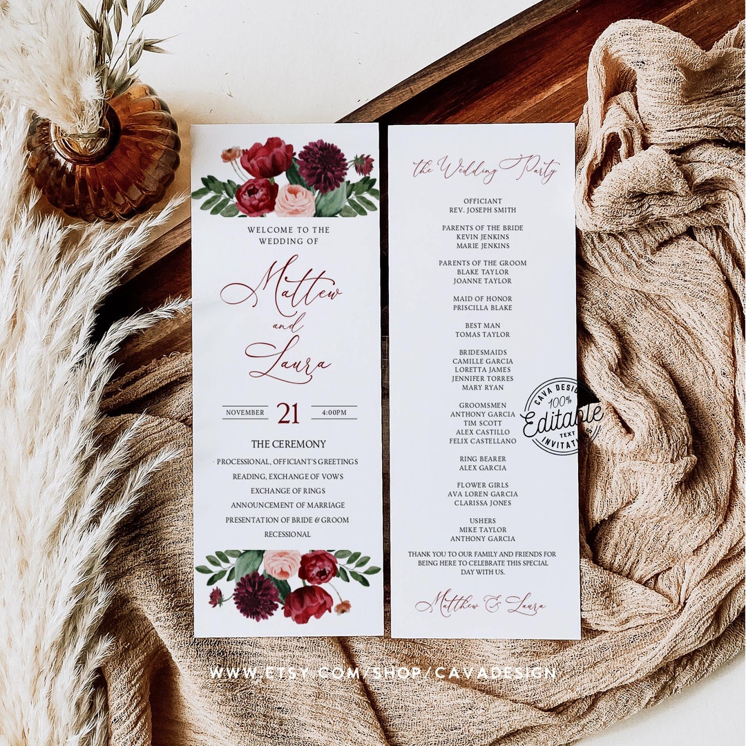 Fall Wedding Program Template, Editable Burgundy and Blush Wedding ...