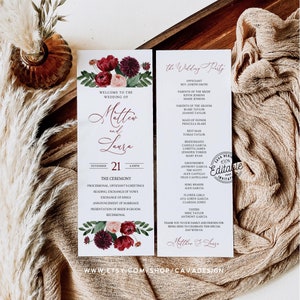 Fall Wedding Program Template, Editable Burgundy and Blush Wedding Program Template, Printable Order of Service, Ceremony Program 0344
