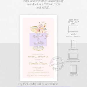 Pu&ograve; includere: Un invito a una festa di addio al nubilato rosa e bianco con un'illustrazione ad acquerello di un flute di champagne con fiori. Il testo recita "Brunch & Bubbly" e include il nome della sposa, la data, l'ora e il luogo. L'invito &egrave; modificabile e pu&ograve; essere scaricato come PNG o JPEG.