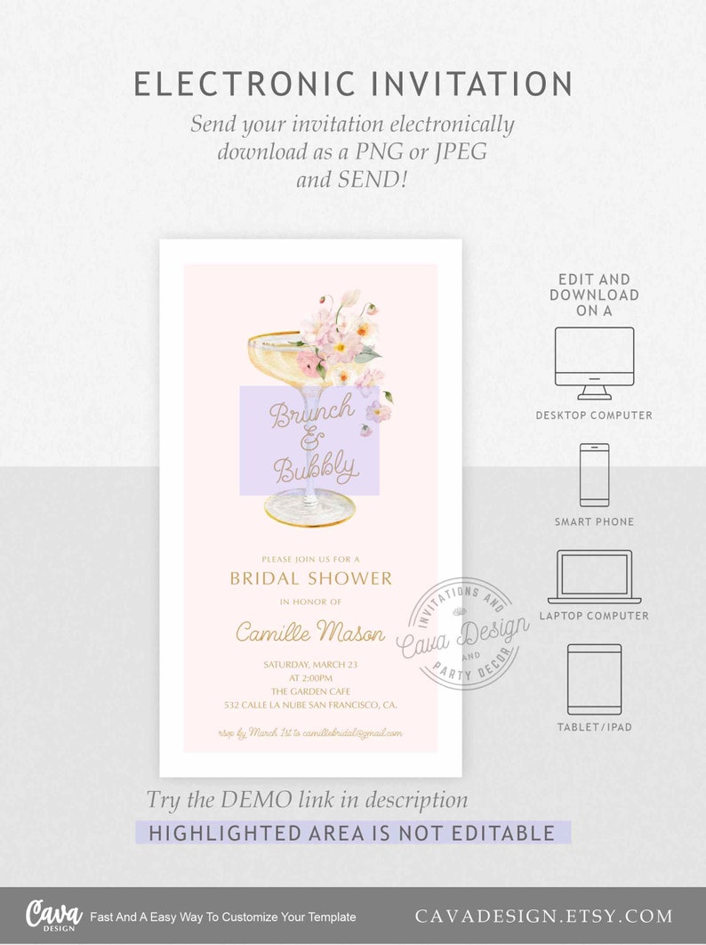 Pu&ograve; includere: Un invito a una festa di addio al nubilato rosa e bianco con un'illustrazione ad acquerello di un flute di champagne con fiori. Il testo recita "Brunch & Bubbly" e include il nome della sposa, la data, l'ora e il luogo. L'invito &egrave; modificabile e pu&ograve; essere scaricato come PNG o JPEG.