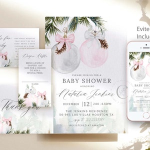 Mall för inbjudan till vinterbabyshower för flickor, utskrivbar babyshower för december, Evite, redigerbar mall för babyshowerpaket, JUL 210G bild 6