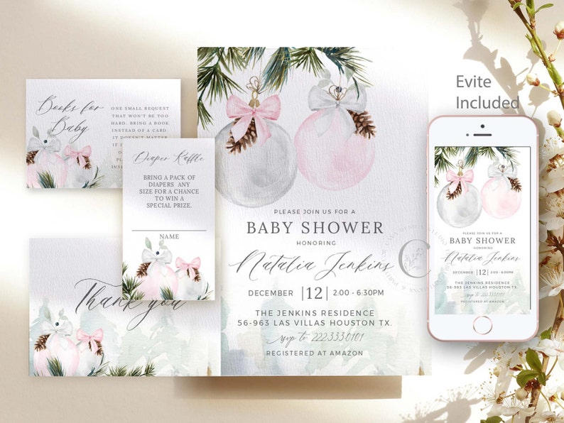Mall för inbjudan till vinterbabyshower för flickor, utskrivbar babyshower för december, Evite, redigerbar mall för babyshowerpaket, JUL 210G bild 6