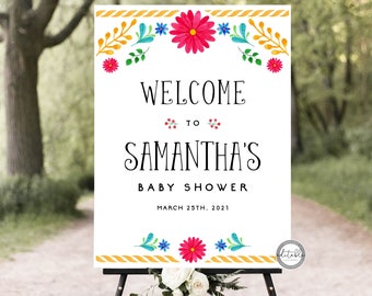 May include: Welcome to Samantha's Baby Shower sign with a white background and colorful floral border. The sign features a yellow rope design and the text "Welcome to Samantha's Baby Shower March 25th, 2021".