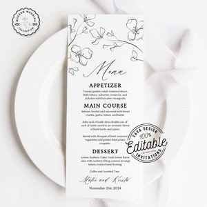 Könnte beinhalten: Eine schwarz-weiße Hochzeit-Menüvorlage mit floralen Illustrationen. Das Menü umfasst Vorspeisen, Hauptgericht, Dessert und Kaffee. Der Text lautet "Menü", "Vorspeise", "Toskanischer Gartensalat", "Bibb Salat", "Hauptgericht", "Gebratener Lachs", "Lammkarree", "Dessert", "Zitronen-Himbeer-Kuchen", "Kaffee und verschiedene Tees", "Mater und Kriste", "21. November 2024".