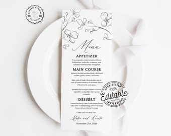 Black & White Wedding Menu Template, Black Wedding Menu Card Template, DIY Minimalist Menu DOWNLOAD Editable Dinner Menu Printable WD_104