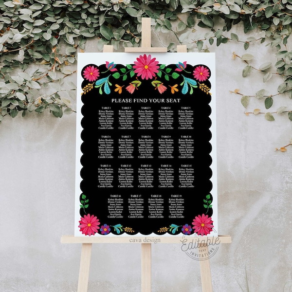 Fiesta Birthday Seating Chart Template, Mexican Birthday Table Chart, Fiesta Wedding Seating Poster Printable, EDITABLE Template, WD_103