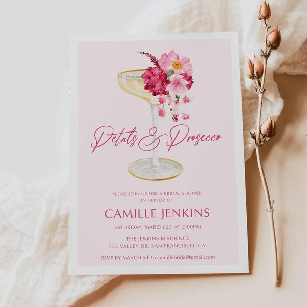 Invitación para despedida de soltera con pétalos rosados y prosecco, plantilla para invitación para despedida de soltera con champán, invitación para despedida de soltera con flores primaverales WD 263