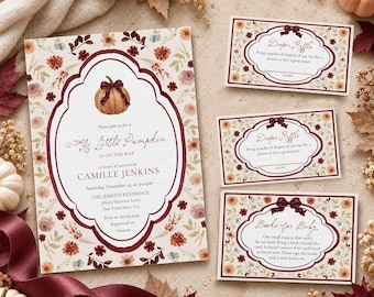 Fall Baby Shower Invitation Set, Pumpkin and Floral Baby Shower Printable, Autumn Baby Shower Invite, Diaper Raffle, Books for Baby 0451