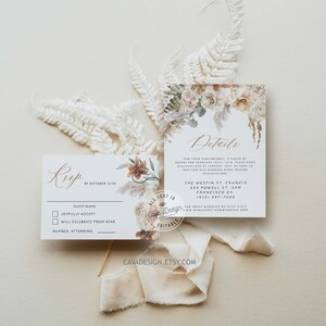 Cartão de confirmação de presença e detalhes do casamento Boho, cartões editáveis para impressão WD 108