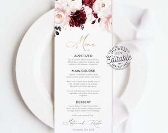 Burgundy Menu Card Template, Marsala Floral Menu Card Template, Editable Menu template, Editable Wedding Menu, INSTANT DOWNLOAD  0205