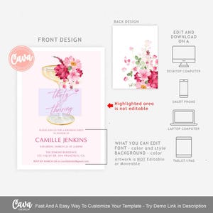 May include: Pink and white floral birthday invitation with a champagne glass and the text "thirty & thriving". The invitation is for Camille Jenkins's birthday party on March 23rd at 2:00pm.