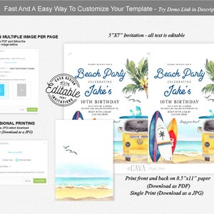 May include: A printable invitation for a beach party celebrating a 10th birthday. The invitation features a yellow van with surfboards on the roof, palm trees, and the text "Beach Party Celebrating Jake's 10th Birthday".