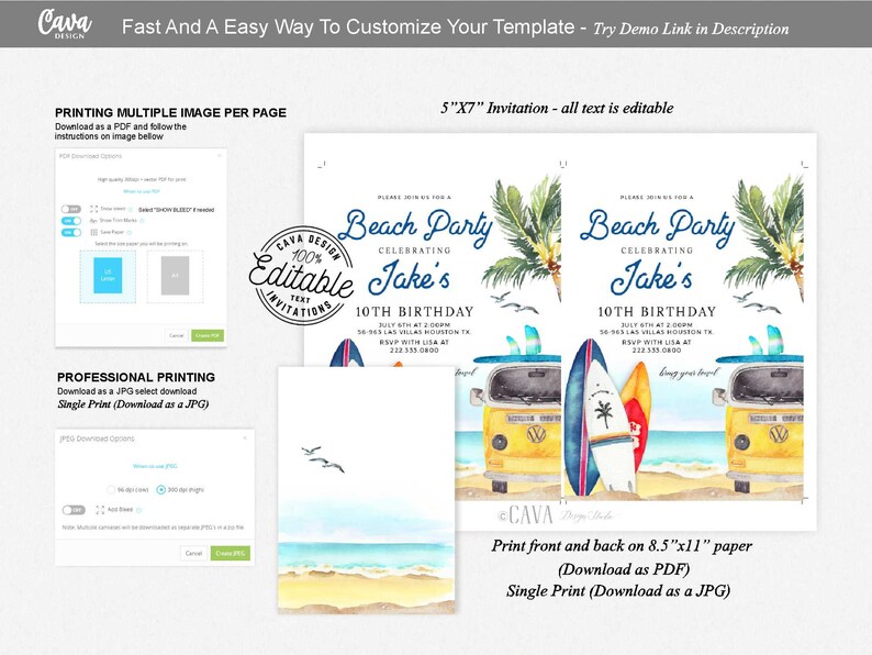 May include: A printable invitation for a beach party celebrating a 10th birthday. The invitation features a yellow van with surfboards on the roof, palm trees, and the text "Beach Party Celebrating Jake's 10th Birthday".