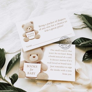 Teddy Bear Baby Shower Diaper Tombola et demande de livre, Livres de billets de tombola de couches pour baby shower ours neutres pour bébé, WD 224-B
