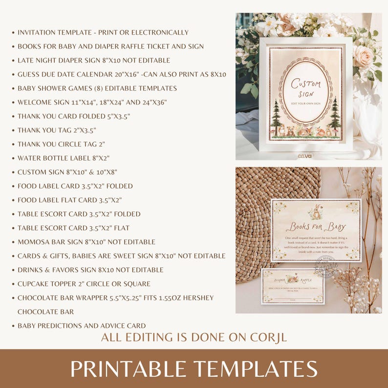K&ouml;nnte beinhalten: Eine Sammlung druckbarer Babyparty-Vorlagen mit Waldthema und Hasenillustration. Enth&auml;lt ein individuelles Schild, Dankeskarten und mehr. Der Text "PRINTABLE TEMPLATES" befindet sich unten. Ma&szlig;e in Zentimetern.