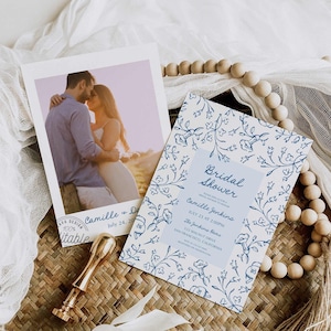 Elegant Blue Floral Photo Bridal Shower Invitation