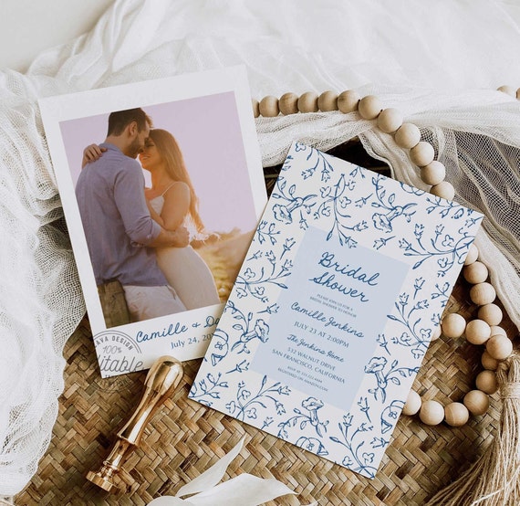 Blue Floral Vintage Bridal Shower Invitation, Victorian Bridal Shower Invitation, Toile Floral Bridal Shower, Bridal Shower Invite WD 0276