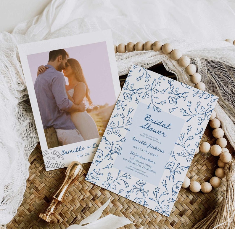 Elegant Blue Floral Photo Bridal Shower Invitation