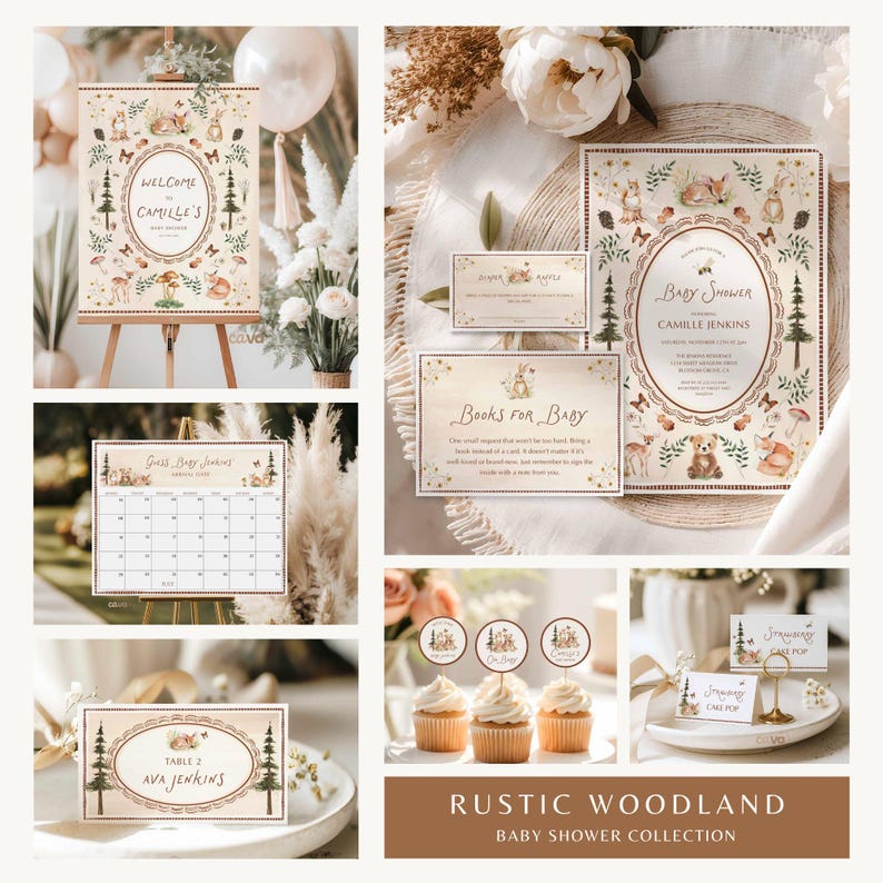 K&ouml;nnte beinhalten: Eine Sammlung von Babyparty-Dekorationen im rustikalen Wald-Thema. Enth&auml;lt ein Willkommensschild, eine Einladung, einen Kalender, Tischkarten, Cupcake-Topper und Cake-Pop-Etiketten. Die Designs zeigen Waldtiere, B&auml;ume und florale Elemente in sanften Erdt&ouml;nen.