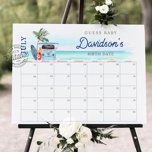 Calendario de nacimiento de Boy Beach, juego para adivinar la fecha de nacimiento del bebé, póster de fecha de nacimiento, letrero de predicción para baby shower, adivinar la fecha de llegada, BSB_0293