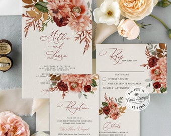 Autumn Fall Wedding Invitation Template, Rustic Wedding Invitation Suite, RSVP Detail Reception Editable Printable Template, 0343