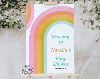 Retro Rainbow Baby Shower Welcome Sign Template DIY Printable Download 0114