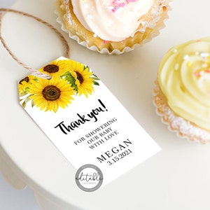 Sunflower Favor Tags, Sunflower Baby Shower Favour Tags, Sunflower Birthday Favor Tags Printable, Editable Favor Tag Template, 0280S