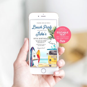 May include: A digital invitation for a beach party celebrating Jake's 10th birthday. The invitation features a yellow and blue beach scene with surfboards, a vintage van, and a palm tree. The text on the invitation reads "Please join us for a Beach Party celebrating Jake's 10th Birthday. July 6th at 2:00pm, 56-963 Las Villas, Houston TX. RSVP with Lisa at 222.333.0800. Bring your towel. Digital Invitation Editable Text. Edit, Download and Send Today. Cava Design."