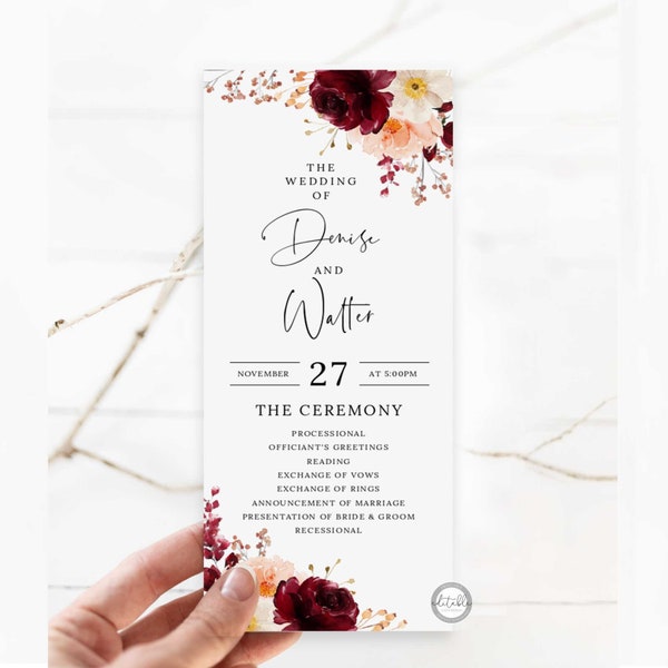 Autumn Wedding Program Template, Burgundy Floral Editable Program Template, Ceremony Program, Folded Program, Instant Download, 0298