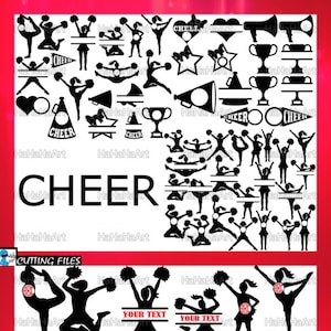 May include: A set of black and white cheerleading SVG cut files. The set includes cheerleaders, pom-poms, megaphones, stars, hearts, bows, trophies, and banners. The text "CHEER" appears on some of the files.