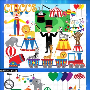 Può includere: Un set di immagini clipart di circo colorate, tra cui un clown, un mago, un leone, una zebra, una giraffa, un elefante, una scimmia, un treno, un cannone, una tenda, un monociclo, palloncini e un biglietto. Le immagini sono perfette per creare inviti, decorazioni per feste o altri lavoretti.