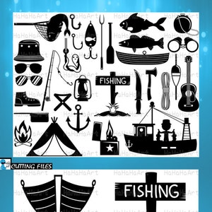 May include: Black and white silhouette illustrations of fishing themed items, including a boat, fish, fishing rod, tackle box, and a fishing net. The text "FISHING" is also included in the image.