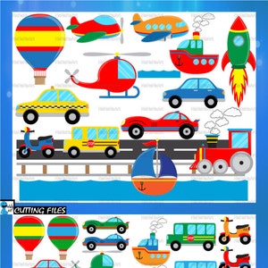 May include: A set of colorful transportation themed clip art images. The images include a hot air balloon, airplane, helicopter, car, bus, boat, train, rocket, and scooter. The images are perfect for creating crafts, cards, and other projects.