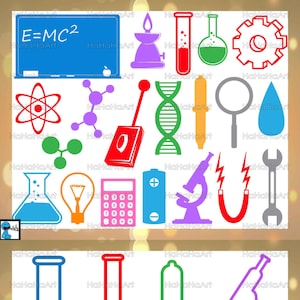 May include: A set of colorful science-themed clip art images, including a beaker, test tube, atom, light bulb, calculator, battery, microscope, DNA strand, gear, and a drop of liquid.