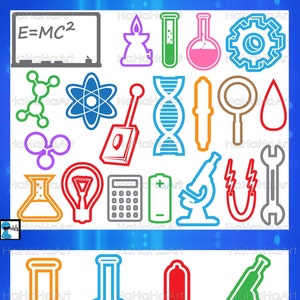 Puede incluir: Una colección de ilustraciones coloridas con temática científica. Incluye una pizarra con E=MC², equipo de laboratorio, un microscopio, una calculadora y otros símbolos científicos. Las imágenes están delineadas en varios colores.