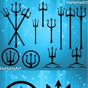 May include: A collection of black trident designs on a blue background. The image includes various trident illustrations, some with circular frames and others with wave-like elements. The text "HaHaHaArt" is visible in the image.