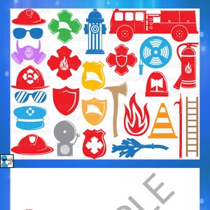 May include: A set of red, blue, yellow and green firefighter themed clipart images. The images include a fire engine, a fire hydrant, a fire extinguisher, a ladder, a fire hat, a fire hose, a fireman's axe, a fire alarm, a fire helmet, a fire station badge, a fire safety cone, a fire safety sign and a pair of sunglasses. The images are perfect for creating a fun and festive firefighter themed party.